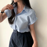 Znbbw Minimalist Loose Short Sleeved Blouses Lapel Patchwork Button Folds Women's Shirt Top