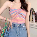 Znbbw Knit Camisole Crop Top Girls Twisted Contrast Color Striped Stretchy Sweet Hot Camis Sleeveless T-Shirt For Slim Lady