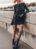 Znbbw Long Sleeve Sequin Mini Skirt for Women Elagant Slim Backless Short Dresses Autumn Spring Lady Solid Sexy Party Skirts