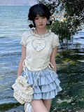 Znbbw Sweet Matching Sets Floral Heart Draw String Crop Tops High Waist Ruffles Mini Skirts Summer Y2k 2000s Girl Clothing