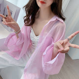 Znbbw White Transparent Chiffon Blouse Chic Women Summer Oversize Puff Long Sleeve Shirt Korean Style Cardigan Basic Sheer Top