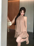 Znbbw Elegant Matching Sets Halter Sleeveless Tops High Waist Ruffles Stitching Mini Skirt Summer Fashion Design Women Clothing