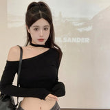 Znbbw Version Hanging Neck T-shirt With Sloping Shoulders Slim Fitting Sexy off Shoulder Short Long Sleeved T-shirt Top