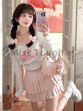 Znbbw Japanese Kawaii 2 Piece Set Women Sweet Party Cat Print Mini Skirt Suit Female Elegant Casual Cute Tops£«Lace Skirt 2024