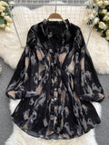 Znbbw Autumn New Fashion Temperament Retro Printing Vestidos Female V-neck Puff Sleeve V-neck Tie Waist Dress KK1144