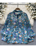 Znbbw Women Spring Shirt Korean Version Temperament High-end Floral Shirt with Bubble Sleeve Design Niche and Unique Top D5053