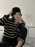 Znbbw retro casual striped pullover sweater knitted pullover women autumn and winter new loose long sleeve wind top women