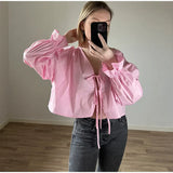 Znbbw Print Doll Collar Shirts Women Casual Loose Single-breasted Long Lantern Sleeve Blouses 2024 Spring Summer Lady Pink Top
