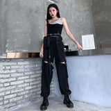 Znbbw Detachable Y2k Pants Casual Loose Solid High Waist Patchwork Hollow Out Pantalones 2024 Draw String Punk Wide Leg Pant