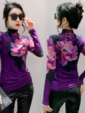 Znbbw New High Neck Long Sleeve Mesh T-shirt Women's Fashion Fairy Positioning Printing Big Flowers Bottoming T Shirts BH9865