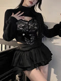 Znbbw Sexy 3 Piece Set Women Fashion Lace Design New Y2K Suit Female Long Sleeve Coat + Black Strapless +pleated Skirt Spring