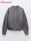 Znbbw O-neck Women Short Cardigan Retro Zipper Long Sleeve Knitted Sweater Female 2024 Casual Loose Solid Patchwork Sweaters