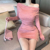 Znbbw Women's Dress Off Shoulder Oblique Shoulder Short Sexy Korean Dress  Solid Color