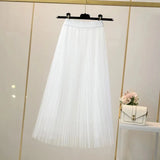 Znbbw Women Elegant Solid Tulle Skirt Fashion Korean Mesh Pleated A Line Skirt Lady Summer Chic High Waist All-Match Party Midi Skirts