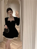 Znbbw Women Spring Autumn Vestidos French Hepburn Style Temperament Sexy Leisure Time Long Sleeved Black Velvet Evening Dress D5336