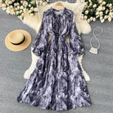 Znbbw Women Spring Autumn Winter Dress High Class Elegant Printing French Style Slim Bubble Sleeve Super Fairy Long Vestidos D2423