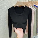 Znbbw Photos U-neck Knitted Sweater For Women's Autumn Long Sleeved Top Girls Simple Base Jumper GT8311