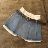 Znbbw Patchwork Denim Mini Skirt Women Streetwear High Waist Tassel Pleated Jeans Skirts Harajuku Korean Fashion A Line Skirt New