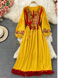 Znbbw Ethnic Style New Embroidery Dress Tassel Lace Cotton and Linen Vestidos Female V-neck Puff Sleeve Midi Dress GK857