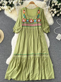 Znbbw ethnic style art loose thin embroidered square neck dress light familiar style short-sleeved A-line Vestidos Women D1543