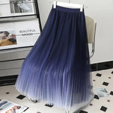 Znbbw Gradient Pleated Skirt Women High Waist Chic Elastic Mesh Midi Skirt Y2K Lady Fashion Loose Korean All-Match A Line Skirt