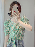 Znbbw Vintage Blouses V Neck Puff Sleeve Bandage Pleated Plaid Shirts Summer Female Slim Crop Top Chic All Match Women Clothes