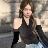 Znbbw Women's Solid Color Off The Shoulder Crop Top Slim Fit Sexy Base Shirt Long Sleeve Sexy Casual T Shirt