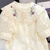 Znbbw Women Shirt Peter Pan Collar Floral Embroidery Hollow Out Ruffles Blouses French Casual Fashion Sweet Short Puff Sleeve Tops