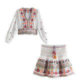 Znbbw Sleeve Women Autumn Embriodery Paisley Print Skirt Set Outfits V Neck Button Tiered Mini Skirt Dress Suit Vintage Set