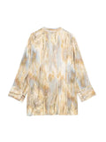 Znbbw TRAF Summer Tie Dye Print Women Casual Blouse V Neck High Low Hem V Neck Long Sleeve Satin Shirt Female Top