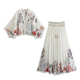 Znbbw Sleeve Women Autumn Embriodery Paisley Print Skirt Set Outfits V Neck Button Tiered Mini Skirt Dress Suit Vintage Set