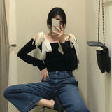 Znbbw Shirts Women Sexy Slash Neck Bow Blouses Office Lady Elegant Korean Retro Black Off Shoulder Bandage Slim Casual Tops