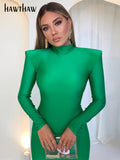 Znbbw Shoulder Padded Long Sleeve Bodycon Green Party Club Maxi Long Dress 2023 Spring Autumn Women Fashion Elegant Clothes