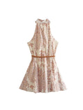 Znbbw TRAF Women Printed Dress 2023 Summer Resort Style Belted Bow Decoration Halter Sleeveless Dress