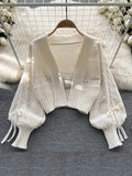 Znbbw Women Autumn Winter Cardigan Design Sense Lantern Sleeve Knitted Versatile Knitting Bow Tie Short Long Sleeve Shawl Top D2156