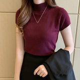 Znbbw Summer Half Turtleneck Slim Knitted T-shirt Women Elegant Solid Short Sleeve Casual Versatile Pullover Casual Skinny Tops