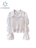 Znbbw Women White Two Piece Set Shirt and Blouses Ladies Harajuku Elegant Y2k 90s Aesthetic Vintage Long Sleeve Shirt Top Clothes