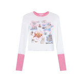 Znbbw Y2k T Shirts Long Sleeve Contrast Color Cartoon Print Aesthetics Crop Tops Spring Female Slim Gyaru 2000s Girl Clothing