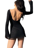Znbbw Women Spring Autumn y2k Elegant Long Sleeve Backless Bodycon Mini Dress Vintage Solid Color Skinny Holiday Casual Dress