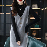 Znbbw knitted vest skirt long V-neck casual loose sweater solid 2024 autumn and winter knitted sleeveless women vest sweater