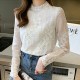 Znbbw Women White Lace Blouse Shirt Long Sleeve Blouse Women Blusas Mujer De Moda 2023 Blouses Femme Women Tops Shirts B609