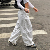Znbbw Women Hippie Baggy Sweatpants White Low Waist Drawstring Vintage 90s Streetwear Y2k Trousers Loose Joggers Wide Leg Cargo Pants