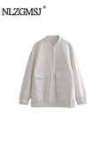 Znbbw TRAF Women Fashion With Pockets Oversized Bomber Jacket Coat Vintage Long Sleeve Female Outerwear Chic Tops