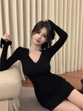 Znbbw Korean Mini Dress Women Sexy V Neck Sweater Fashion Elegant Bodycon Dresses Long Sleeve Pleated Robe Short Skirt Waist Solid