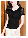 Znbbw Women Fashion Diamonds V-neck Short Sleeve T-shirts Tops Girls High Stretchy Sheath Mesh Tee Shirts For Woman