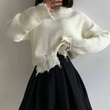 Znbbw Ripped Sweater Women Fashion Streetwear Autumn Winter Solid Round Neck Long Sleeve Loose Style Knitted Tops Pullovers