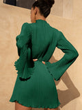 Znbbw Sexy Flare Sleeve O Neck Pleated Mini Dress For Women Robe Autumn Long Sleeve Ruched Short Dress Clubwear Vestido