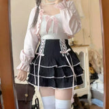 Znbbw Kawaii Lolita Style Pleated Skirts Women High Waist Pink Bandage Fairy Y2k Aesthetic Skirt Cute Faldas Mujer Moda 2024