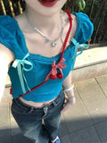 Znbbw Sweet Y2k T Shirts Puff Sleeve Bow Decoration Design Crop Tops Summer Female Slim 2000s Dopamine Girl Clothes Tees