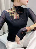 Znbbw New Long Sleeve T-shirt For Women Floral Turtleneck High Stretch Slim TShirts Located Printing Mesh Tops FF0862